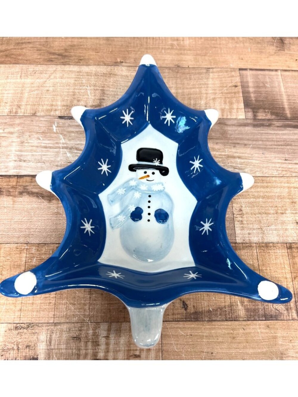 Hand Painted Ceramic Snowman Winter Decor Dish Blue White Tree Shape